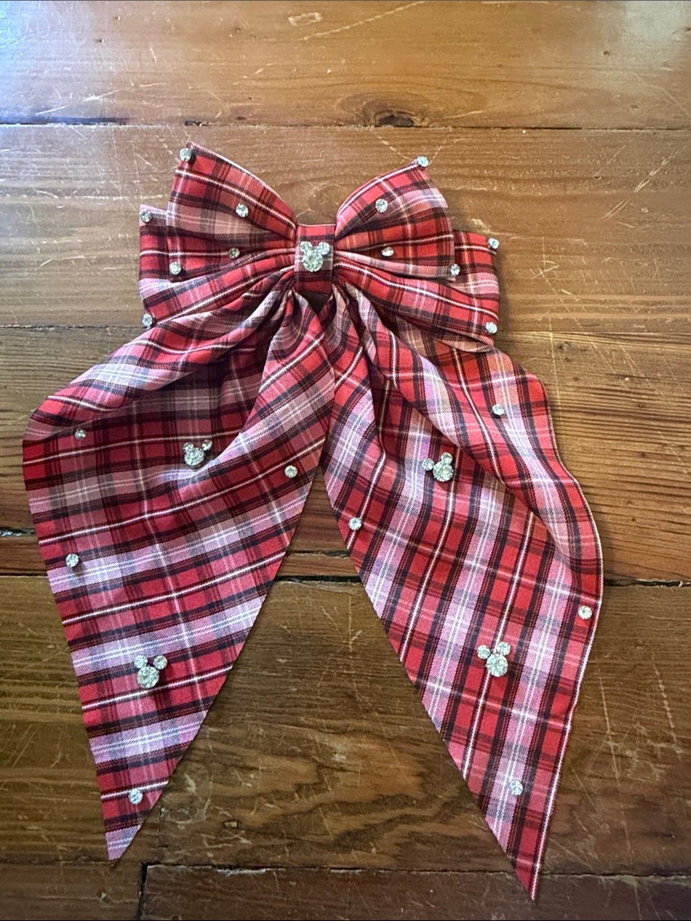 Rhinestone Mickey Plaid Hair Bow - Red Pink Tones